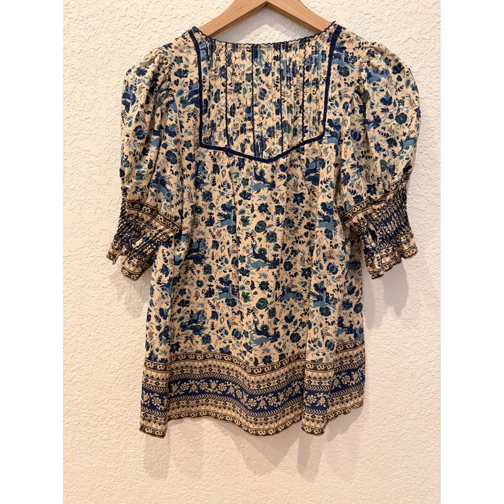 Sea New York Doe Print Blue Floral Silk Puff Sleeve Tassel Blouse Top Size 4 - Picture 6 of 11